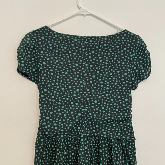 POSTMARK ANTHROPOLOGIE ANTHRO Gray ? Green Polka Dot Ruched Preppy Peplum Blouse - Picture 12 of 13